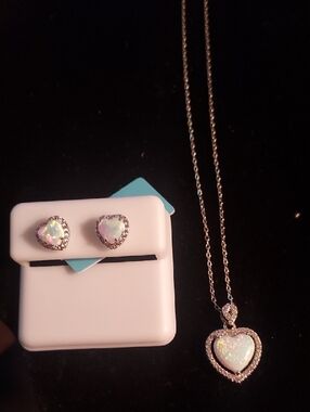 Sterling silver.Heart Opal Pendant Necklace and Earrings Set - Necklace 18 Inch